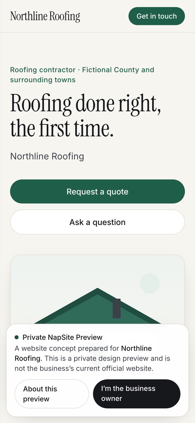 Northline Roofing, a fictional example preview on a phone, with the private-preview notice.